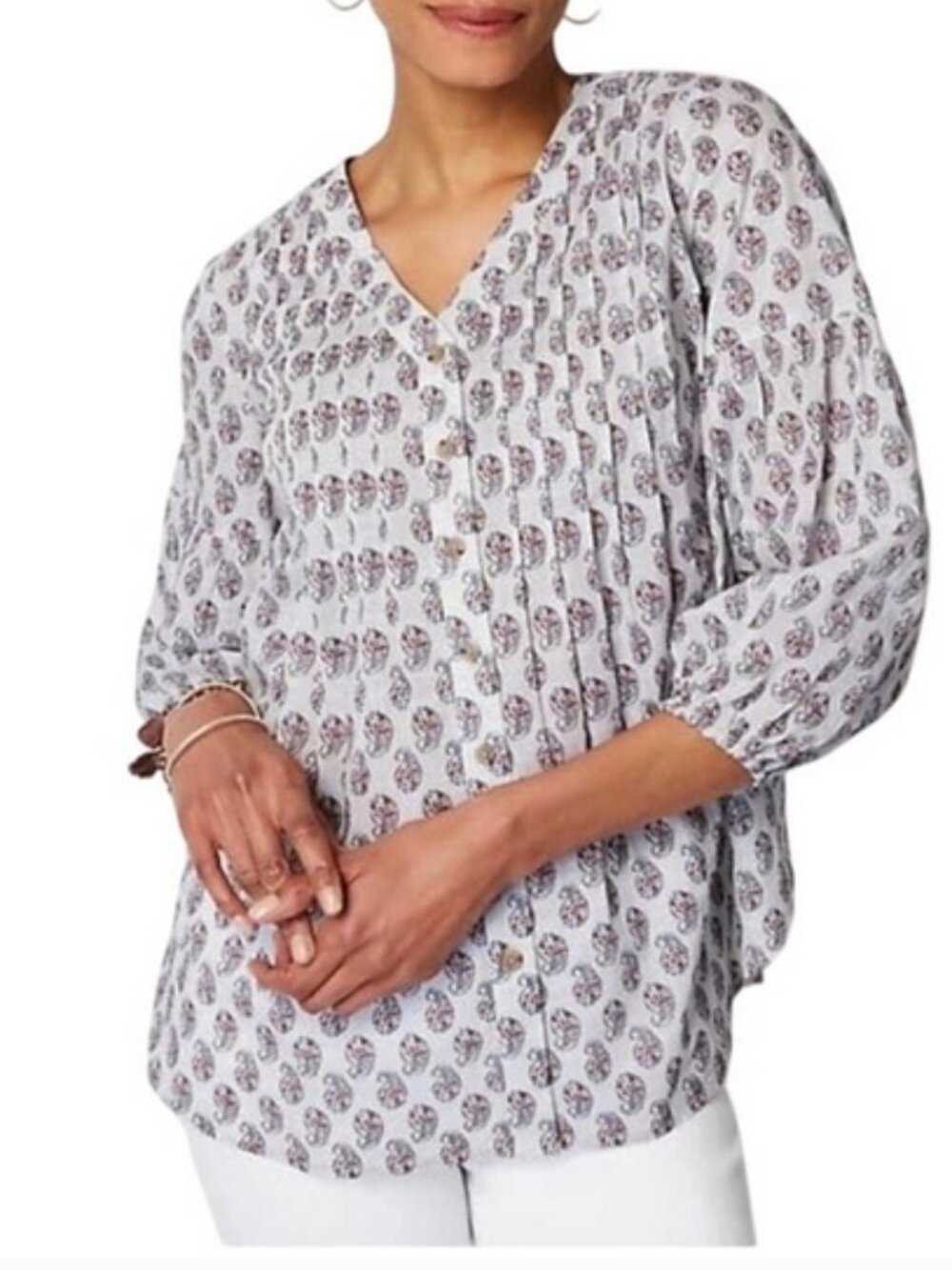 J. Jill Madeira Pintuck Paisley Blouse Boho Petite Large (LP)